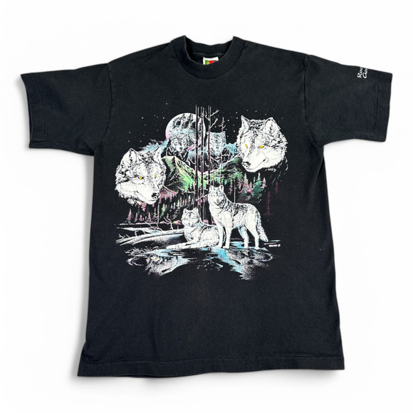 Vintage Wolf Shirt Adult MEDIUM Black Wolves Moon Nature Puff Print 90s - Picture 1 of 7